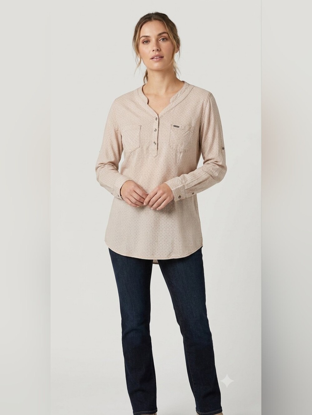 Wrangler long-sleeved collarless button-down Medium pink tan microfloral blouse